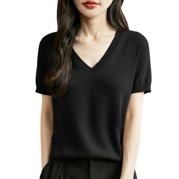 Essentials Women's Sweater Solid Basic Casual Short Sleeve V Neck Slim Knitted Business Casual Fall Clothes Outfits