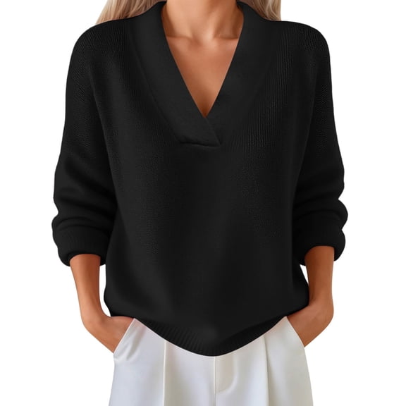 Essentials Women's Sweater Solid Color Long Sleeve V Neck Basic Casual Knitted Trendy Clothes 2025 Black