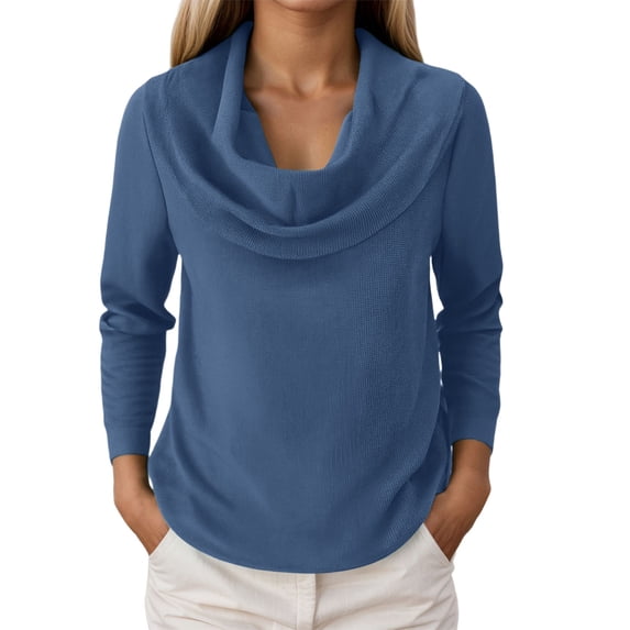 Essentials Women's Sweater Solid Elegant Cowl Neck Knitted Long Sleeve Fall Knitwear Blue
