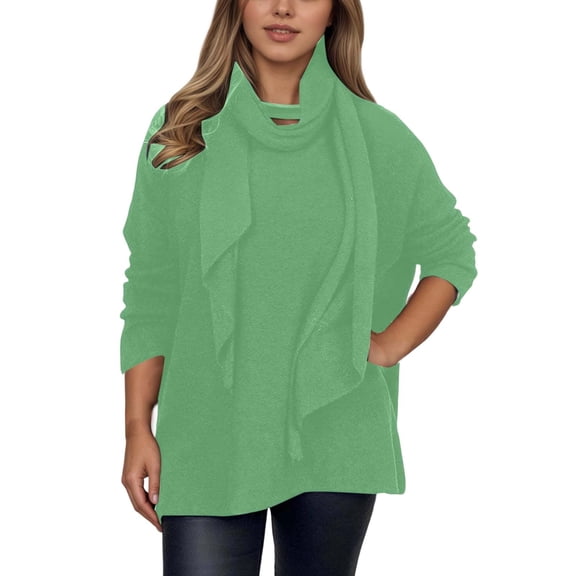 Essentials Women's Sweater Solid Elegant Scarf Turtleneck Long Sleeve Knitted Warm Sweaters Green