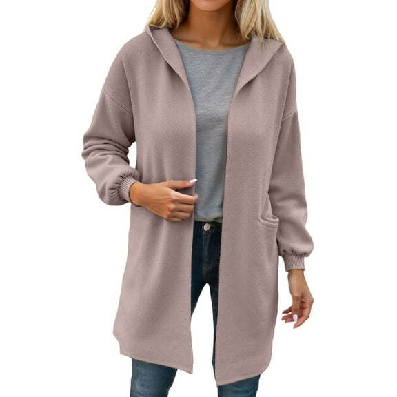 Essentials Women's Sweater Solid Long Sleeve Lapel Mid-Length Hooded Elegant Open Front With Pocket Jumper Top