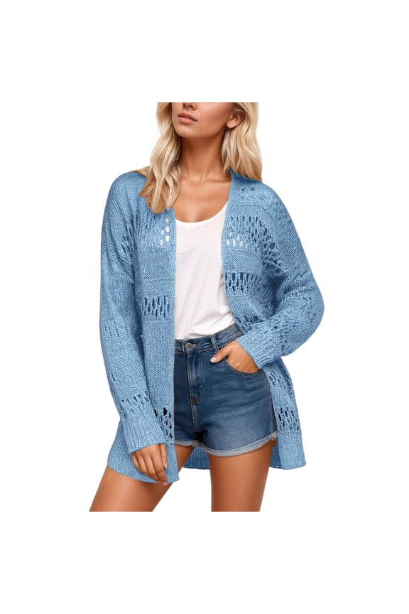 Essentials Women's Sweater Solid Long Sleeve Open Front Cardigan Elegant Hollow Out Knitted Cover-Ups Warm Sweaters