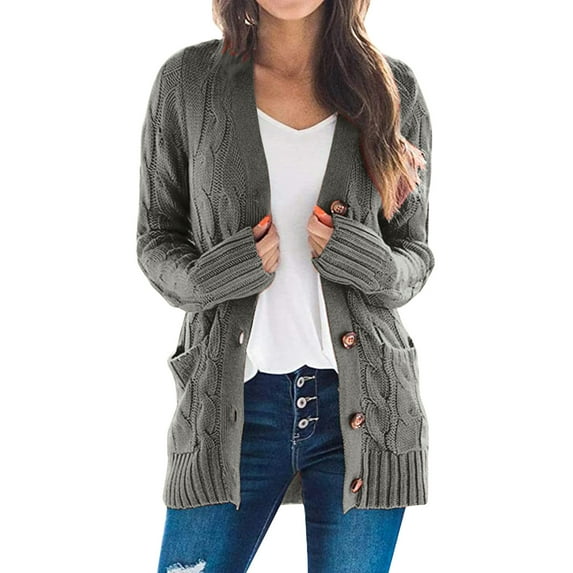 Essentials Women's Sweater Solid Long Sleeve V Neck Button Down Basic Casual Cardigan With Pocket Fall Winter Clothes