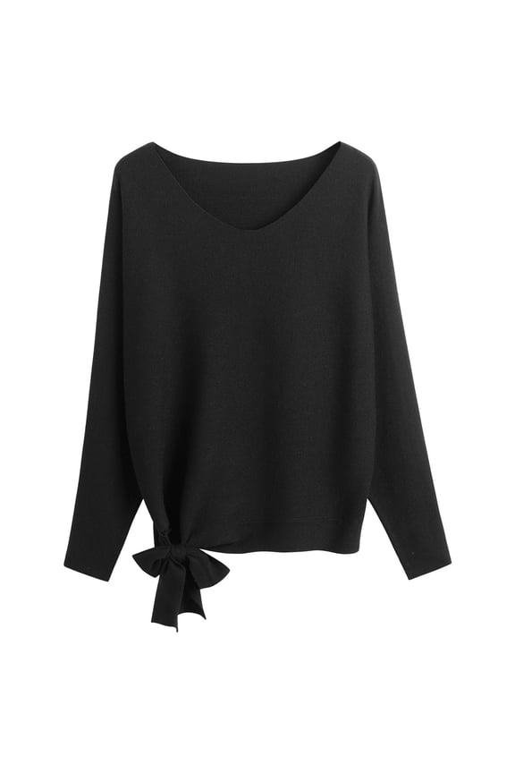 Essentials Women's Sweater Solid V Neck Long Batwing Sleeve Knitted Lace Up Fall Winter Clothes Black
