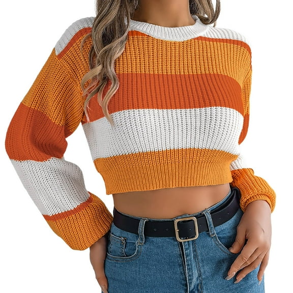 Essentials Women's Sweater Stripe Color Block Long Sleeve Crew Neck Cropped Y2K Going Out Fall Winter Clothes