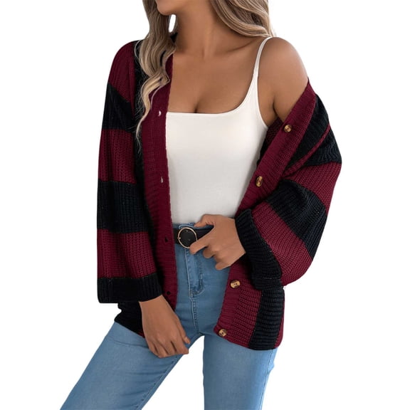 Essentials Women's Sweater Stripe Color Block Long Sleeve Open Front Knitted Casual Cardigan Trendy Outfits