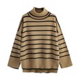 thumbnail image 1 of Essentials Women's Sweater Stripe Print Irregular Hem Long Sleeve Turtleneck Knitted Warm Sweaters, 1 of 1