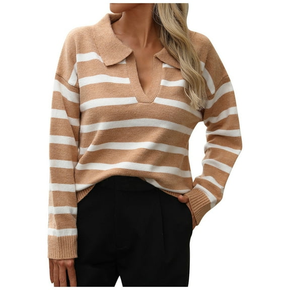 Essentials Women's Sweater Stripe Print Long Sleeve V Neck Lapel Casual Business Work Casual Trendy Clothes 2025