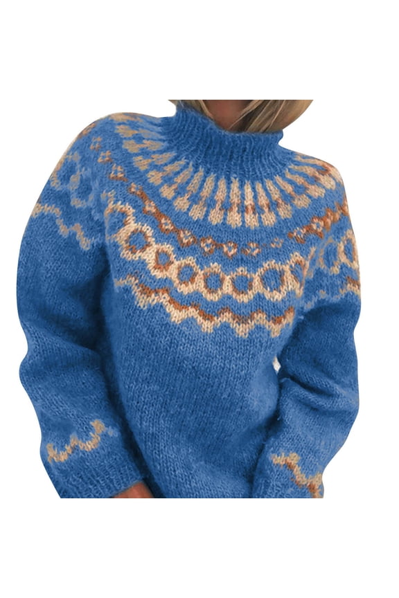 Essentials Women's Sweater Vintage Floral Color Block Knitted Long Sleeve Turtleneck Plus Size Trendy Outfits