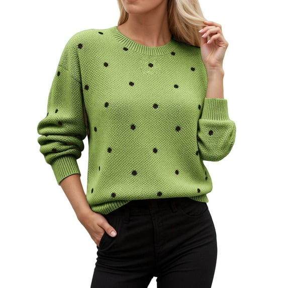 Essentials Women's Sweater Vintage Polka Dot Long Sleeve Crew Neck Knitted Loose Fit Winter Sweaters