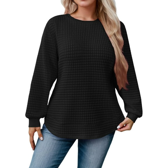 Essentials Women's Sweatshirts Waffle Solid Long Sleeve Crew Neck Round Hem Pullover Hoodies Tops Black