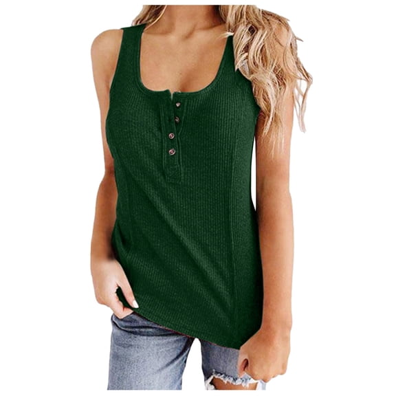 Essentials Womens Camisole Tank Tops Solid Half Button U Neckline Ribbed Knitted Cute Cami Undershirt