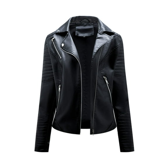 Essentials Womens Jacket Belted Leather Moto Solid Long Sleeve Lapel Zipper Slim Cropped Outwear Coat