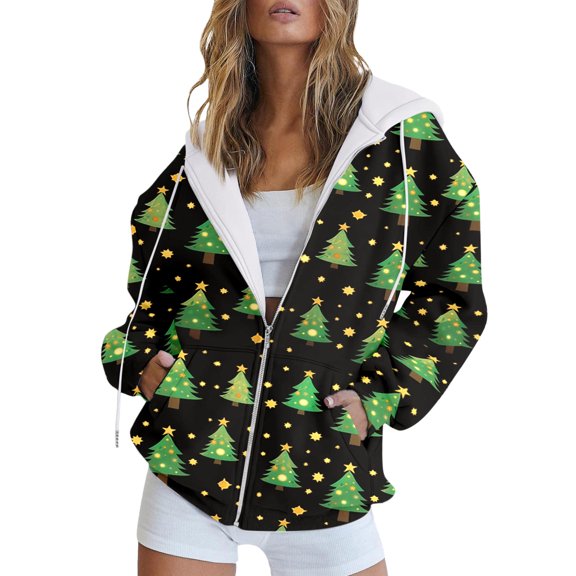 Essentials Womens Jacket Christmas Zipper Hoodie Casual Print Graphic Hooded Sweatshirt With Pocket Xmas Festival 2025 Fall Coat