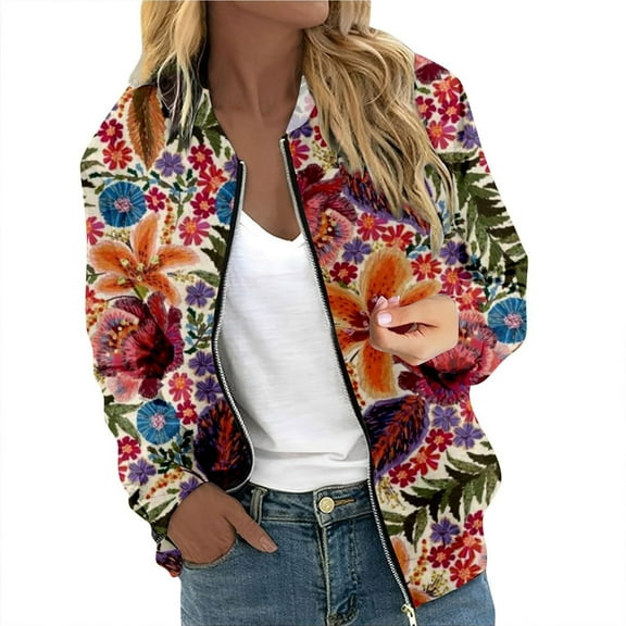 Essentials Womens Jacket Floral Baseball Flower Bomber Vintage Casual Zip Up Windbreaker Outwear Coat