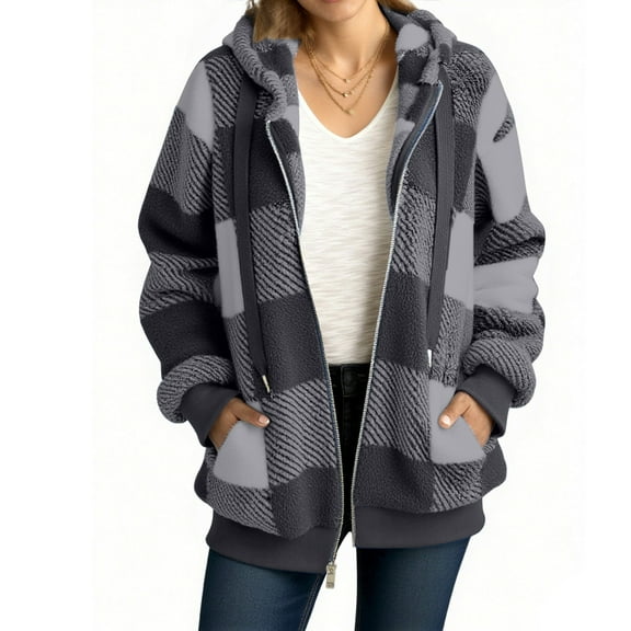 Essentials Womens Jacket Fuzzy Zipper Hooded Sweatshirt Plaid Print Colorblock Hoodie Outwear Coat