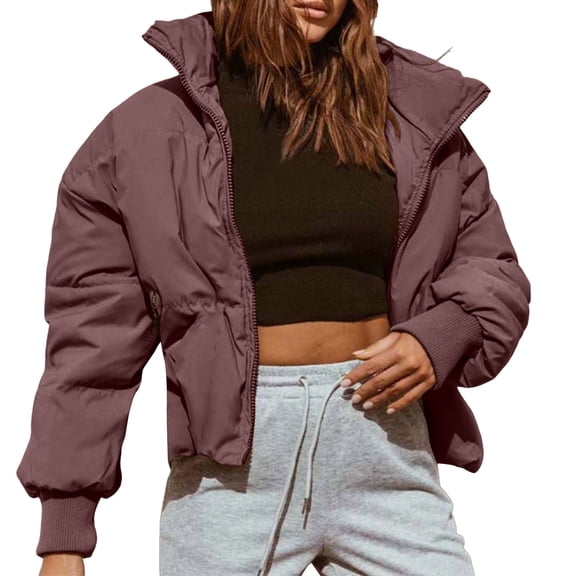 Essentials Womens Jacket Short Puffer Solid Stand Collar Zipper Cropped Quilted Padded Warm Down Outwear Coat