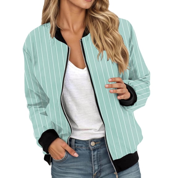 Essentials Womens Jacket Stripe Print Casual Bomber Oversize Long Sleeve Zipper Windbreaker Floral Trendy Outwear