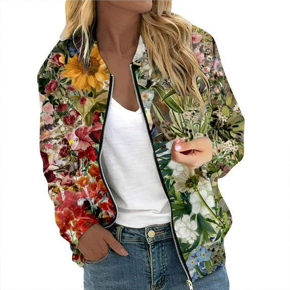 Essentials Womens Jacket Sunflower Floral Print Bomber Long Sleeve Zip Up Baseball 2025 Fall Coat