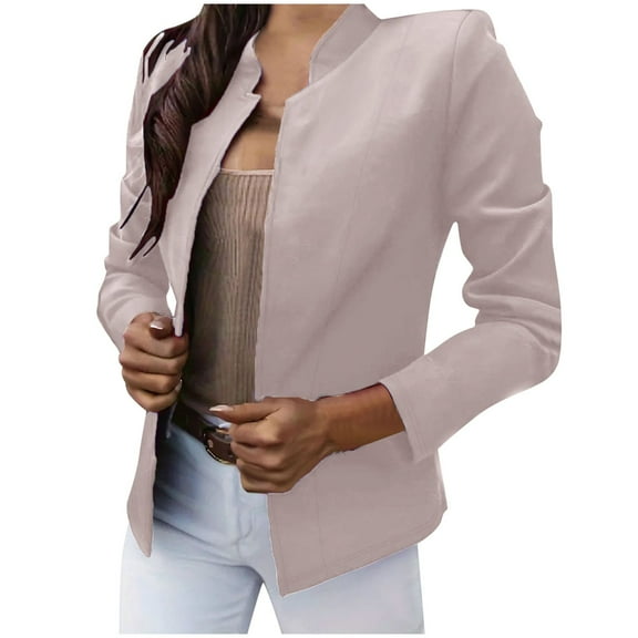 Essentials Womens Jacket Work Office Blazer Solid Long Sleeve Stand Collar Open Front Suit Outwear Jackets