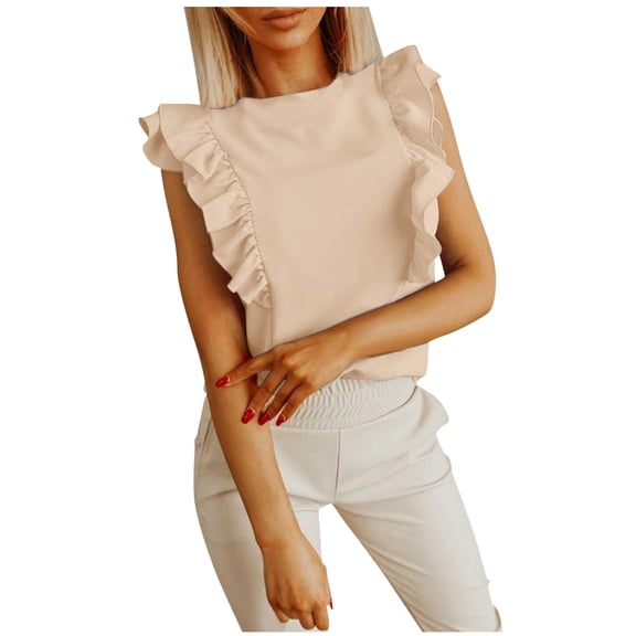 Essentials Womens Tank Tops Camisole Racerback O-Neck Ruffle Loose Blouse Blouse Summer Sleeveless Casual Shirts