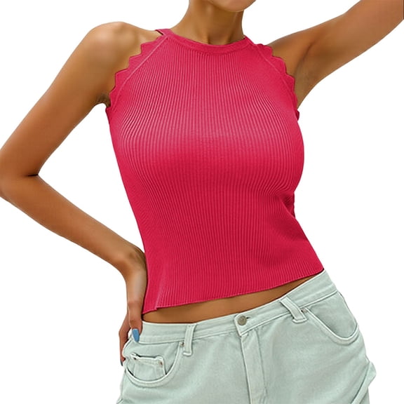 Essentials Womens Tank Tops Camisole Ribbed Solid Color Ruffle Hem Tight Vets Summer Sleeveless Tops