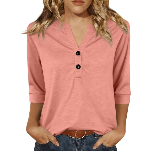 Essentials Womens Tees Tops Basic Shirts 3/4 Sleeve Half Button V Neck Solid Ruched Tuinc 2025 Fall Outfits