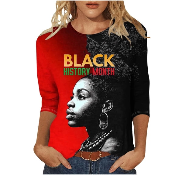 Essentials Womens Tees Tops Basic Shirts Black Month African Celebration Blouse Tshirt 3/4 Sleeve Crewneck Basic Slim Undershirts