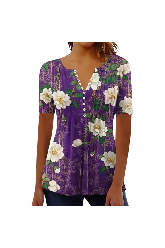 Essentials Womens Tees Tops Basic Shirts Boho Flower Print Short Sleeve Button Down Casual Dressy Clothes Purple