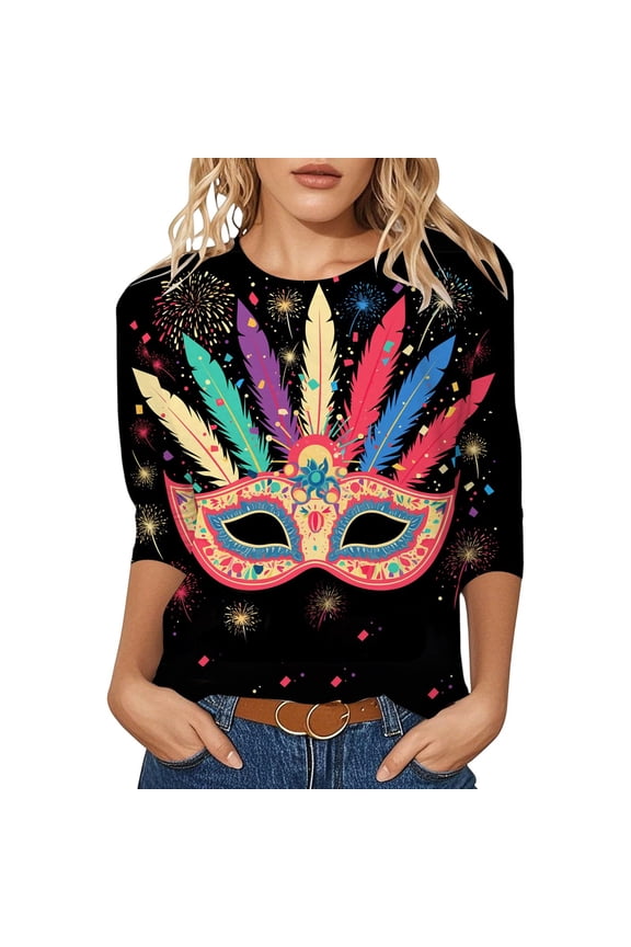 Essentials Womens Tees Tops Basic Shirts Carnival Printed Crew Neck 3/4 Sleeve Party Festival Tunic Blouse Multicolor