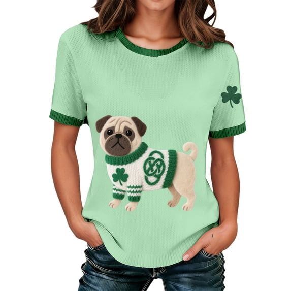 Essentials Womens Tees Tops Basic Shirts Cute Animal Dog Graphic Color Block Short Sleeve Loose Fit Clothes Green
