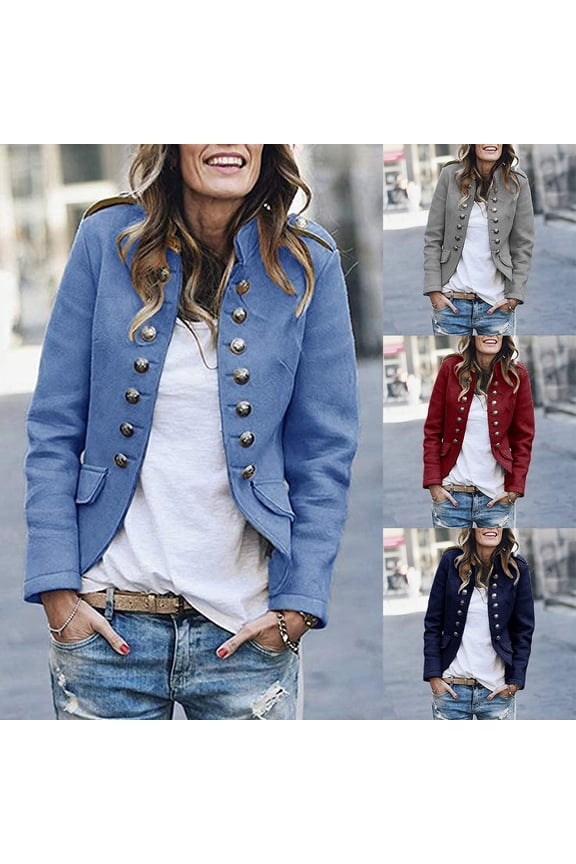 Essentials Womens Tees Tops Basic Shirts Double Breasted Solid Elegant Front Open Blazer Blouse Gray