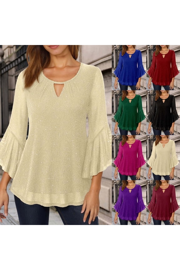 Essentials Womens Tees Tops Basic Shirts Elegant Ruffle Hem Sparkling Flared Short Sleeve Double Layer Mesh Tunic Summer Clothes Black