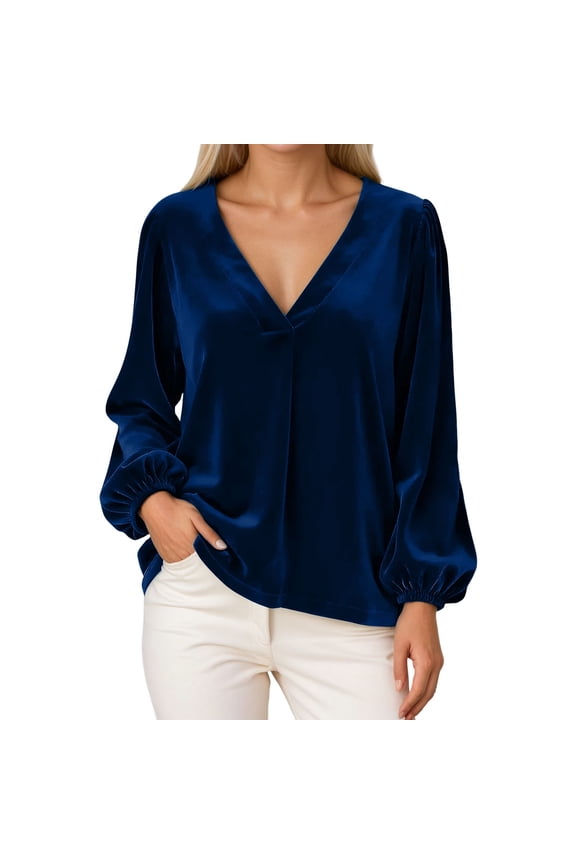 Essentials Womens Tees Tops Basic Shirts Elegant Velvet Lantern Long Sleeve Solid V Neck Tunic Blouse Blue