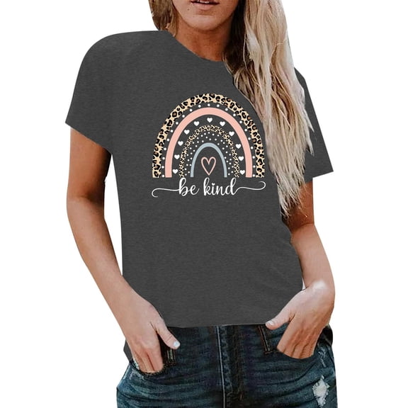 Essentials Womens Tees Tops Basic Shirts Heart Rainbow Graphic Short Sleeve Summer Basic Slim Undershirts