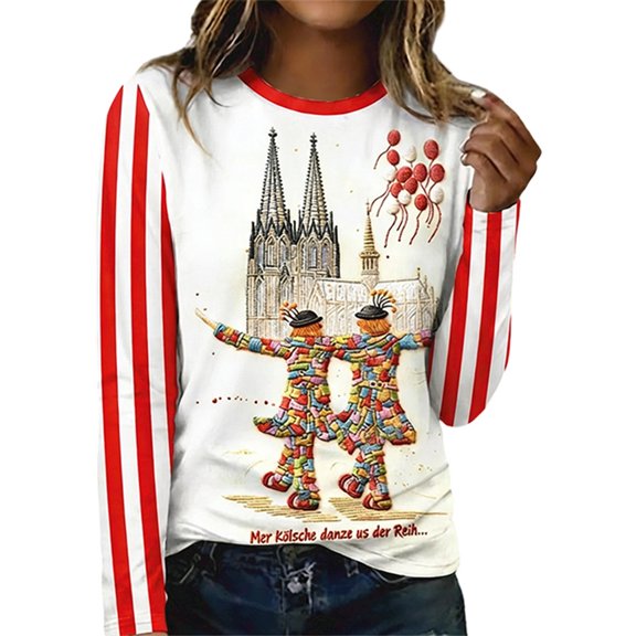 Essentials Womens Tees Tops Basic Shirts Long Sleeve Carnival Stripe Print Cartoon Graphic Party Workout Clothes Red