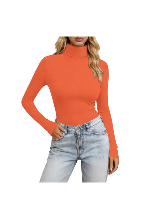 Essentials Womens Tees Tops Basic Shirts Long Sleeve High Neck Slim Fit Stretch Casual Solid Workout Clothes Orange