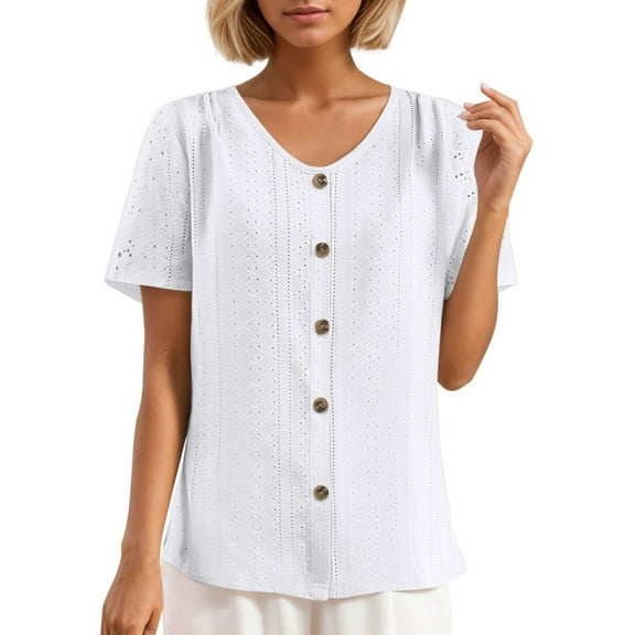 Essentials Womens Tees Tops Basic Shirts Loose Round Neck Short Sleeve Jacquard Buttons Lightweight Outfits Clothes 2025