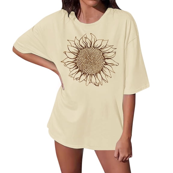 Essentials Womens Tees Tops Basic Shirts Oversized Loose Short Sleeve Sunflower Print Summer Y2k Clothes