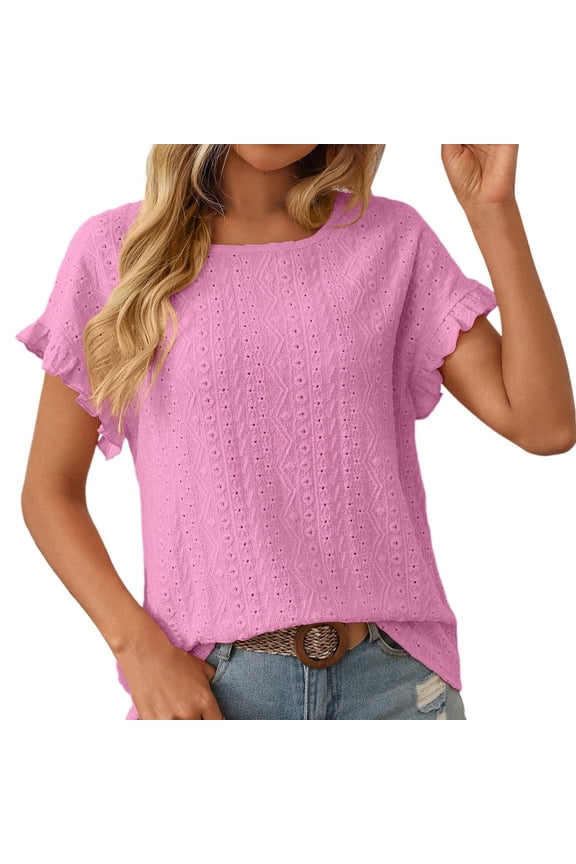 Essentials Womens Tees Tops Basic Shirts Ruffle Hem Short Sleeve Hollow Out Solid Casual Summer Dressy Blouse Pink M