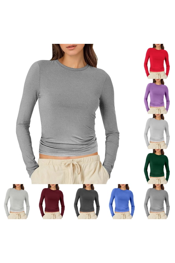 Essentials Womens Tees Tops Basic Shirts Solid Casual Long Sleeve Tight Yoga Workout Cropped Blouse Beige
