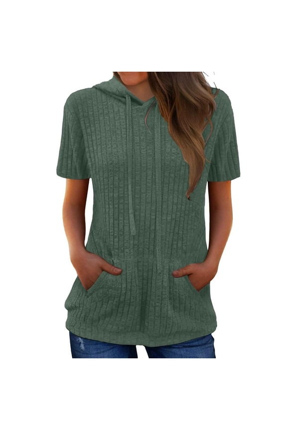 Essentials Womens Tees Tops Basic Shirts Solid Striped Pocket Hooded Short Sleeve Basic Slim Undershirts