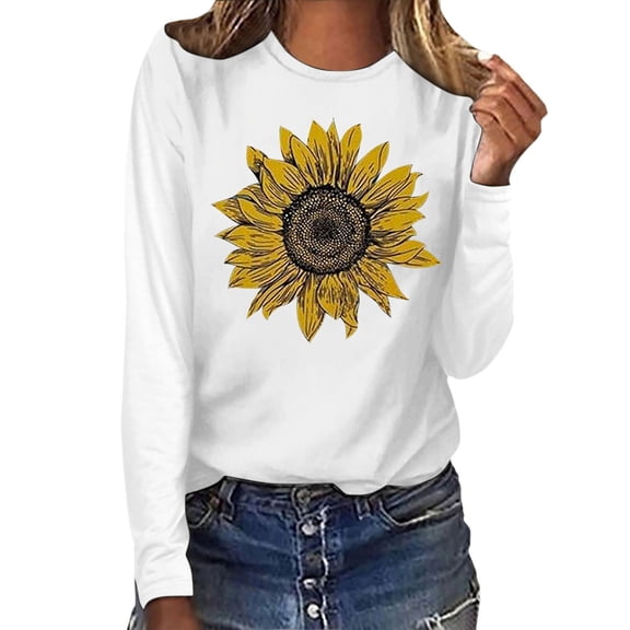Essentials Womens Tees Tops Basic Shirts Sunflower Round Neck Long Sleeve Loose Fit Gift Clothes
