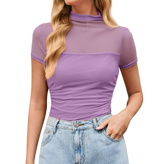 Essentials Womens Tees Tops Basic Shirts T Round Neck Mesh Blouse Summer Party Hollow Out Pure Color Gift Clothes