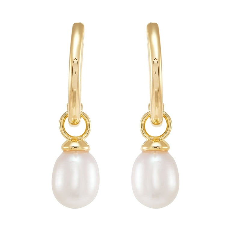 Cultured Freshwater Pearl Hoop Earrings with Crystal Post 14k Gold-Plated Silver Cultured Freshwater Pearl Hoop Earrings with Crystal Post 14k Gold-Plated Silver