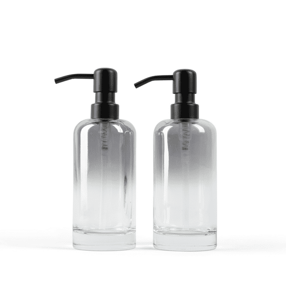 Essentra Home 16 oz Transparent Glass Soap Dispenser with Black Pump Set of 2 Refillable Bottles  Waterproof Labels and Foldable Silicon Funnel Included