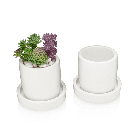Essentra Home White Succulent Pot Set of 2 | Drainage Holes | Round Stone Planters for Succulents with Tray | Cactus Pots for Mini Succulents | Plants not Included