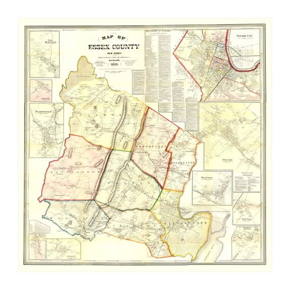 Essex County New Jersey Art, 1859 Vintage Map of Essex County NJ History Wall Decor Gift, Old Essex County NJ Map - 42" x 42" Unframed Print