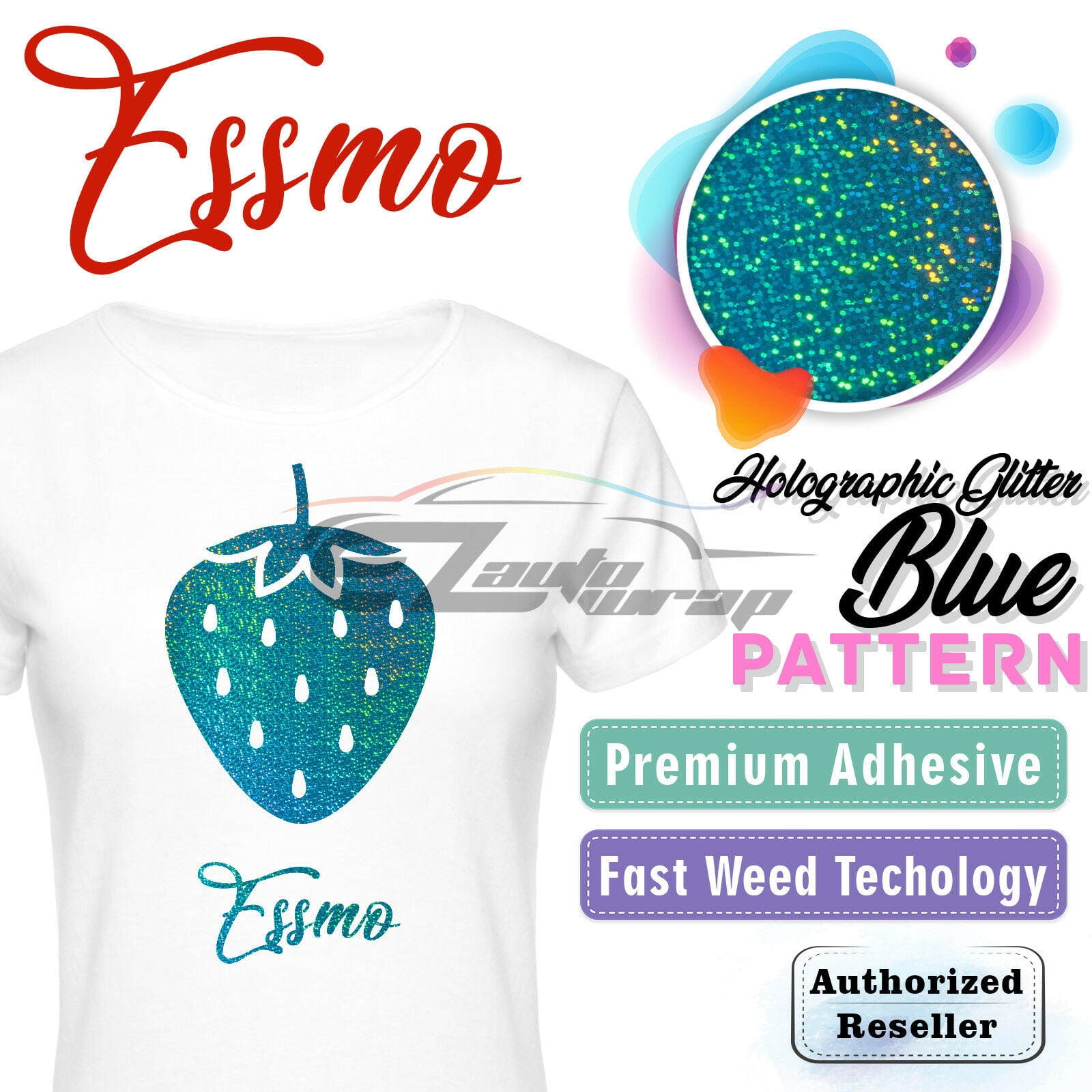 Essmo™ Holographic Glitter Blue Heat Transfer Vinyl HTV T-Shirt 20" Iron Press SP10 20"x72"