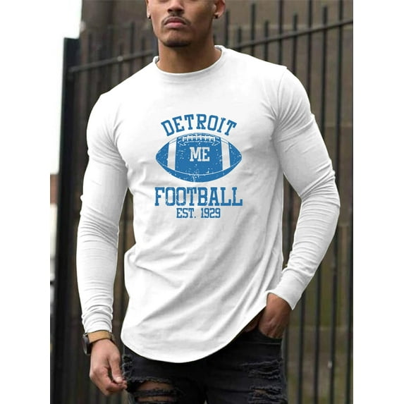 Est. 1929 Detroit Football Print - Men's Casual Crew Neck Long Sleeve T-Shirt - Polyester Knit with Slight Stretch, Regular Fit, Fall Fashion Top, Men's Gift